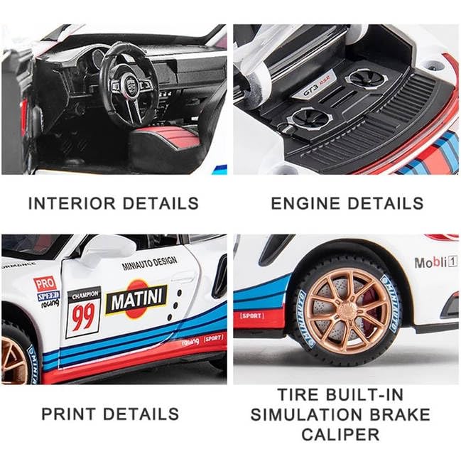 Image of 1:32 911 GT3 RS RSR Turbo S Matini Diecast Model Cars for Kids,Pull Back Car with Light,Sound and Arcylic Sheet Frame for Safety Sports Race Car for Boys Age 4-7 Gifts White Blue