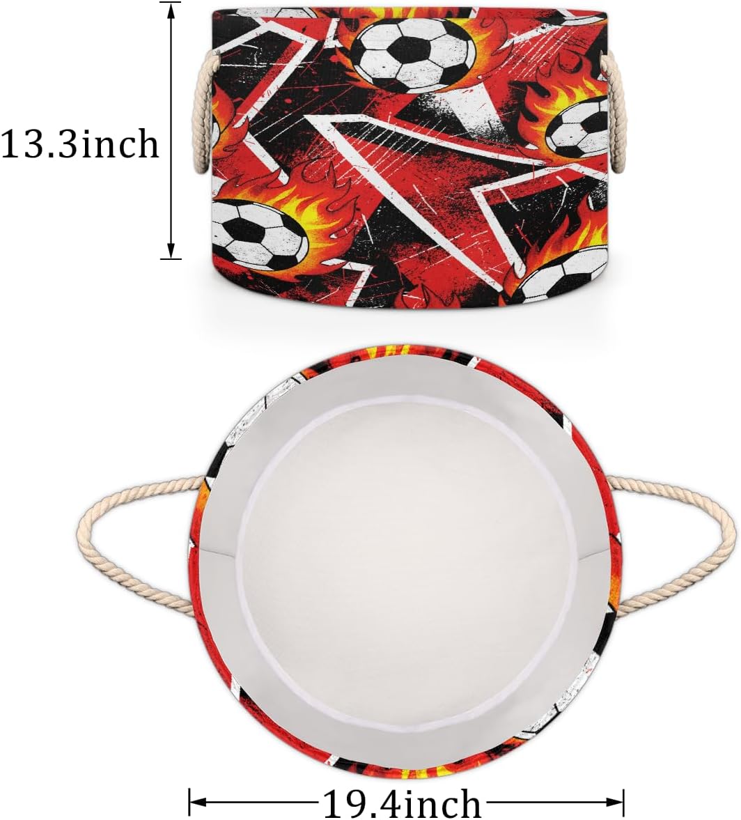 Large Storage Baskets - Red Fire Soccer Nursery Round Collapsible Organizer Bin Box, Laundry Hamper for Kids Toys, Blanket, Bedroom Living Room Home Decor, Gift Basket, 19.4"x13.3"