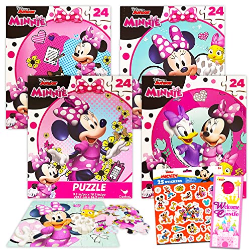 Disney Minnie Mouse Jigsaw Puzzle Bundle - 4 Pack Minnie Mouse Puzzles 24 Piece with Disney Junior Stickers | Minnie Party Favors (Minnie Mouse Games...