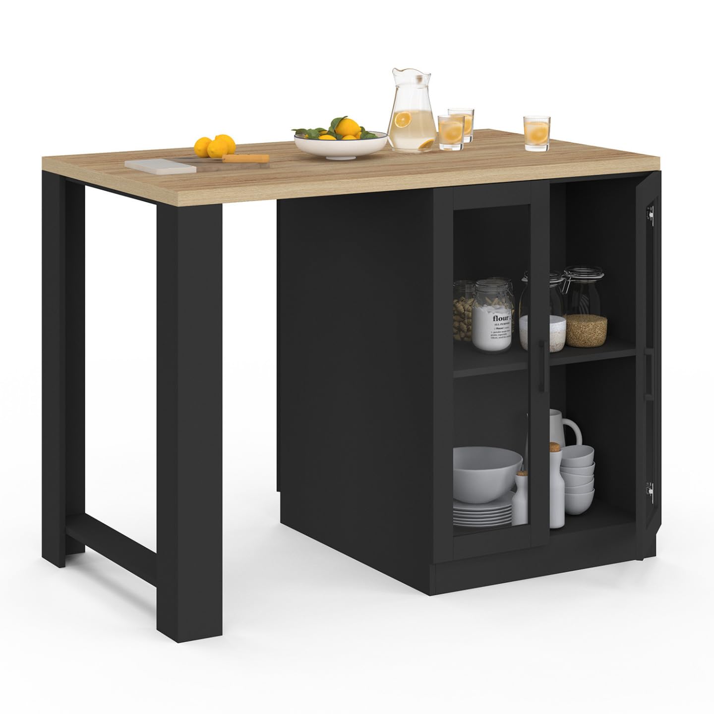 IDMarket - Ilot central LINO 120 cm 2 personnes bois noir avec plan de travail façon hêtre et portes vitrées