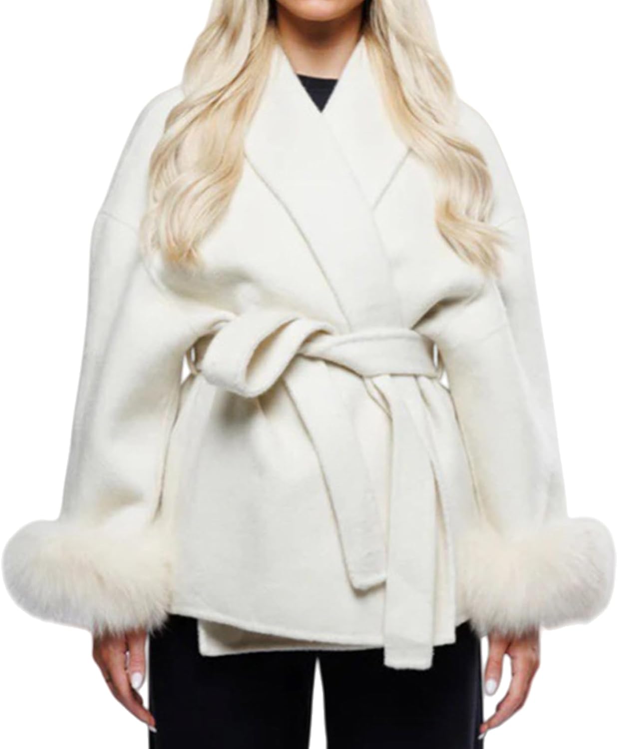 Wool Blend Pea Coats for Women Open Front Long Sleeve Coat Classic Lapel Overcoat Chic Cardigan with Furry Cuff