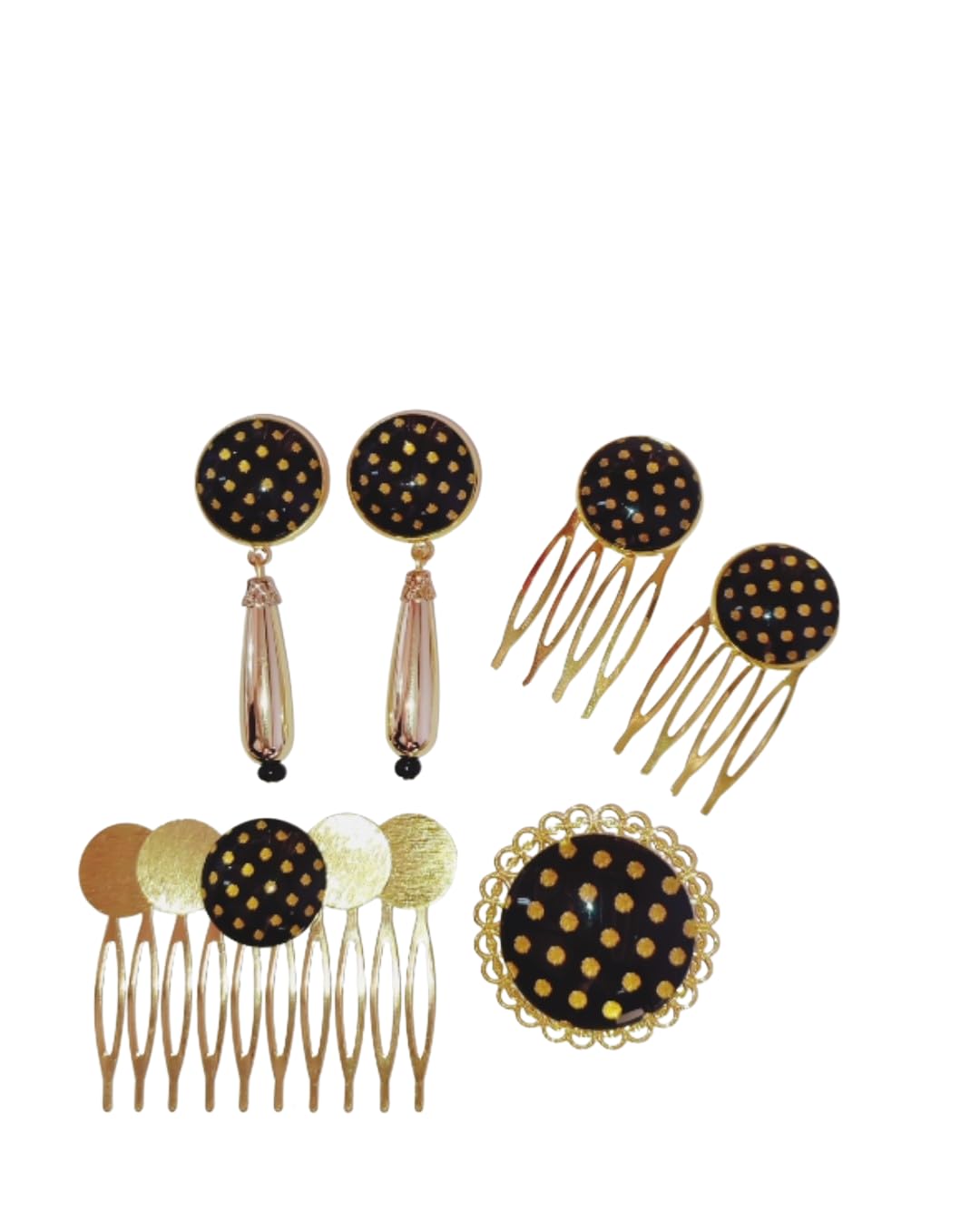 Conjunto de flamenca dorado y negro con pendientes broche y peinecillos de lunares para feria 2