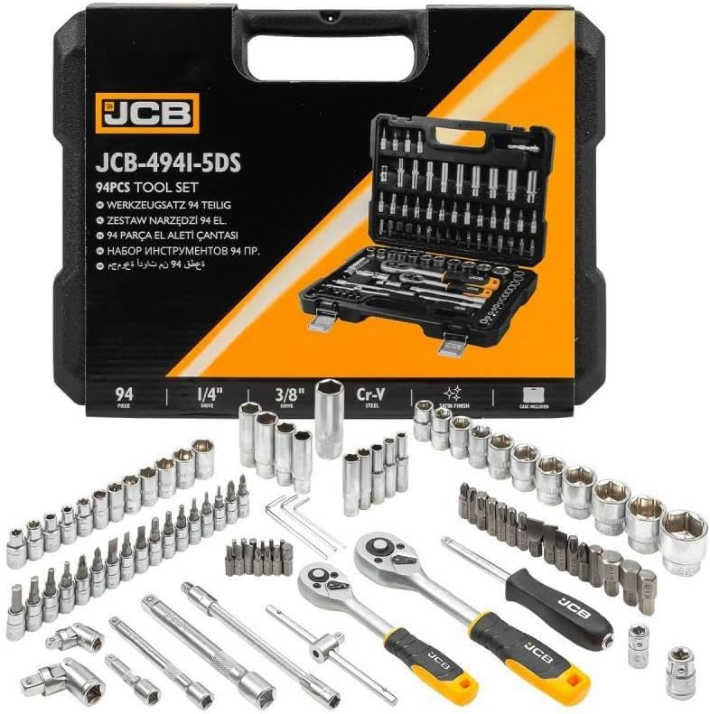 JCB 94 Piece 1/4" and 3/8" Socket and Bit Set, Heavy-Duty Chrome-Vanadium Steel