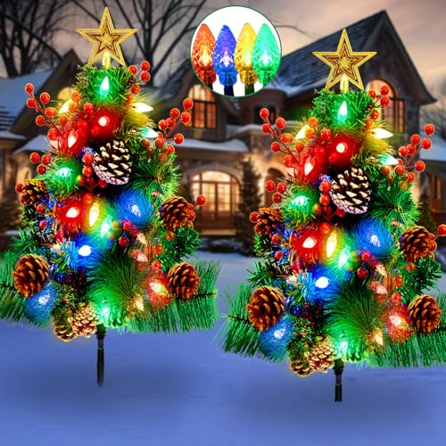 2Pack 29.5 inch Pre-Lit Outdoor Pathway Christmas Trees, Christma...
