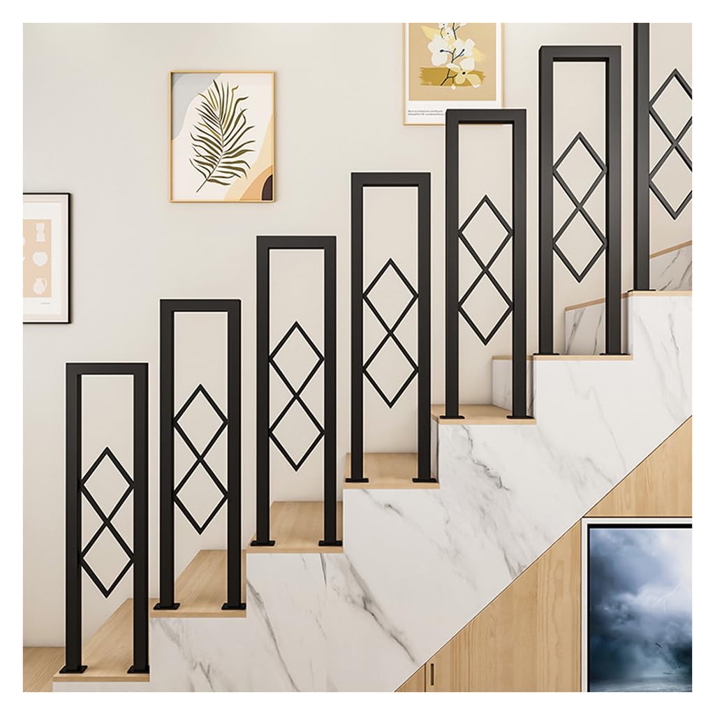 U-Shaped Stair Handrail,Double Rhombus Decorative Stair Railing Post,Floor Fixed Wrought Iron Handrail Spindle for Modern Home Indoor Stairs & Duplex Loft(Size:85cm/33.47in,Color:Black)