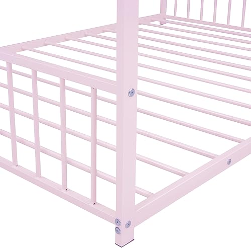 Miniatura 5 de Cama de metal de tamaño completo, marco de cama de piso, no requiere caja de resorte, rosa