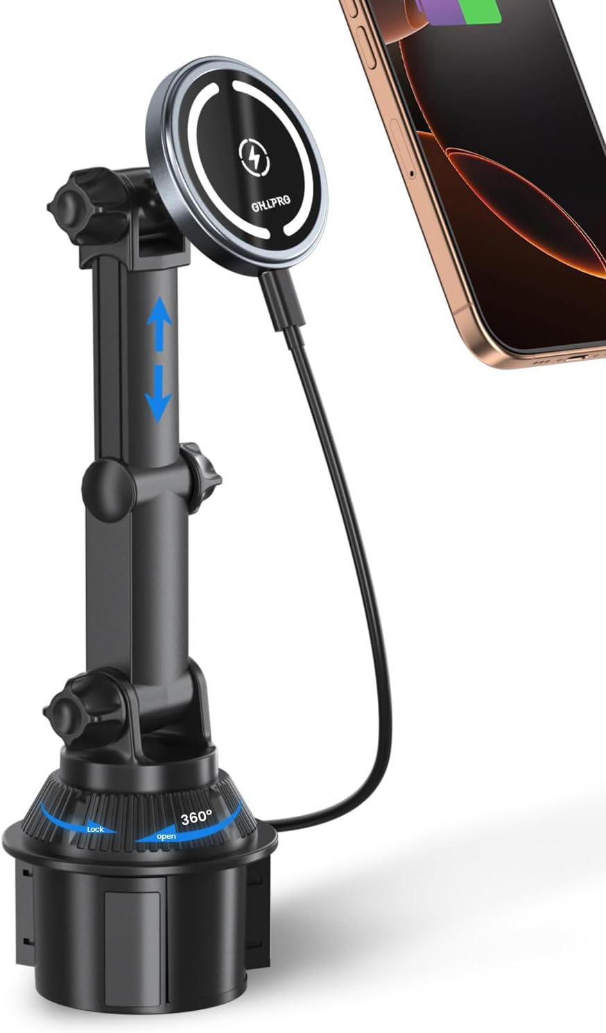 OHLPRO for MagSafe Cup Holder Car Mount Charger for iPhone 16, 15W Fast Charging Magnetic Cupholder Phone Mount, Compatible with iPhone 15 14 13 12 Series, for Kids Road Trip Essentials Gray