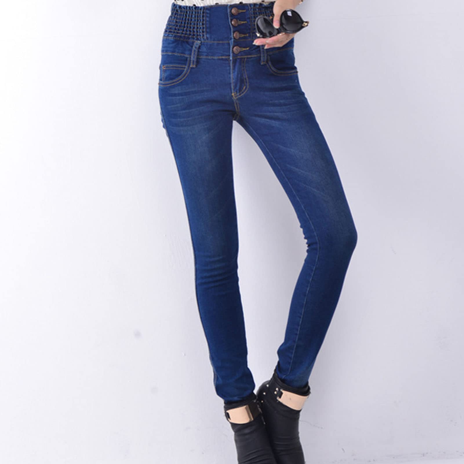 Maiyifu-GJ Women's High Waist Stretch Skinny Jeans Slim Fit 4 Button Denim Pants Solid Color Butt Lifting Jean Trouser (Dark Blue,26)