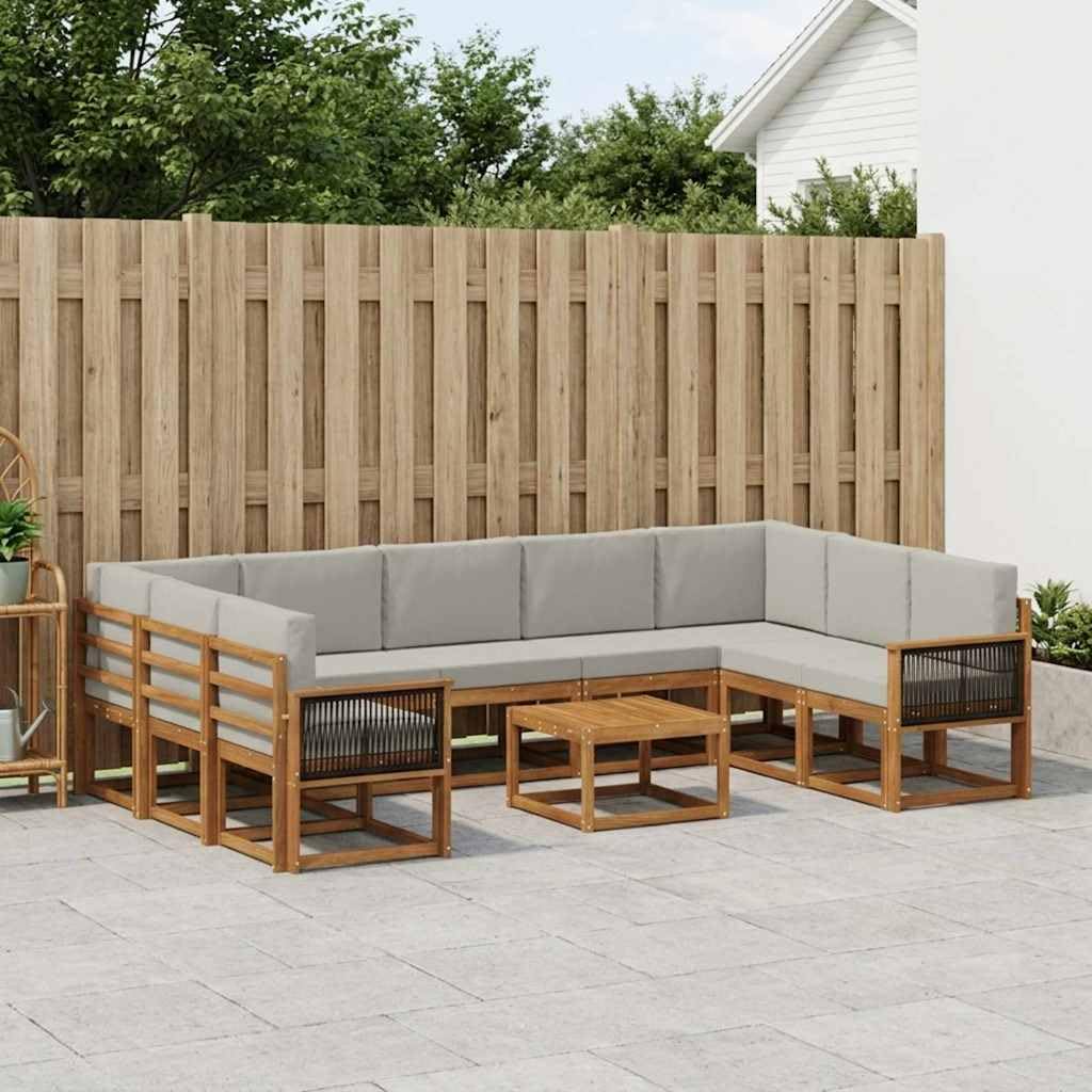 Gartenmöbelgarnitur Set mit 10 Kissen, wetterfestes Akazienholz, modulares Design für Terrasse, Balkon und Garten, langlebig, stilvoll, platzsparend, inklusive Tisch, Sofas und Armlehnen
