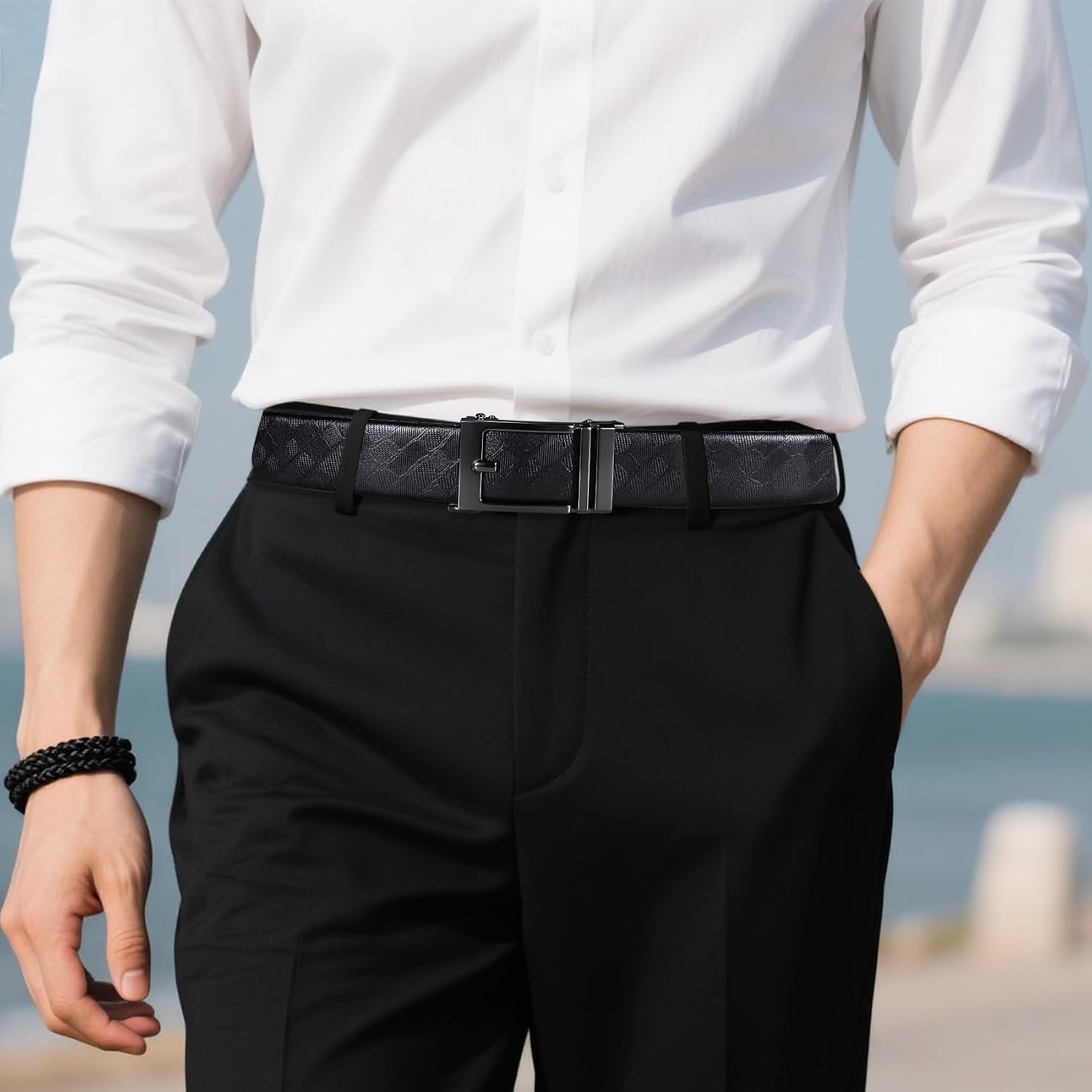 Barry.Wang Designer Mens Belts Leather Ratchet 1 3/8" Adjustable Sliding Buckle Dress Belt Automatic Strap Golf Business