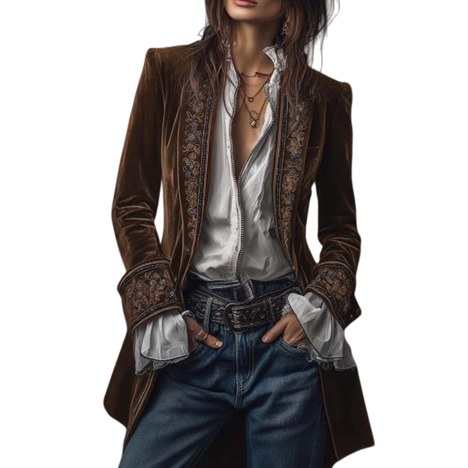 ZWRXW Long Velvet Blazers for Women Embroidered Retro Jacket Open Front Cardigan Coat Renaissance Victorian Medieval Uniform