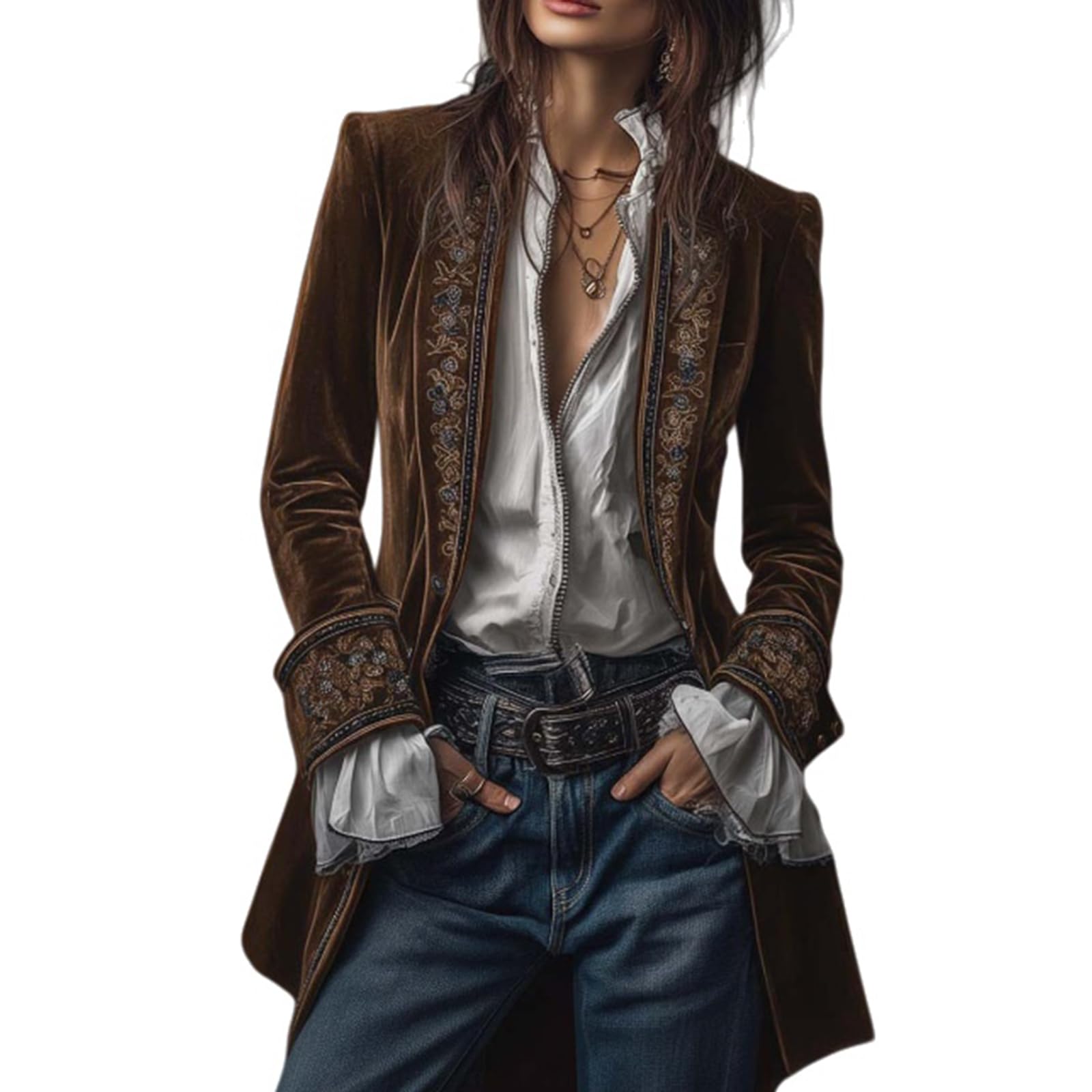 ZWRXW Long Velvet Blazers for Women Embroidered Retro Jacket Open Front Cardigan Coat Renaissance Victorian Medieval Uniform