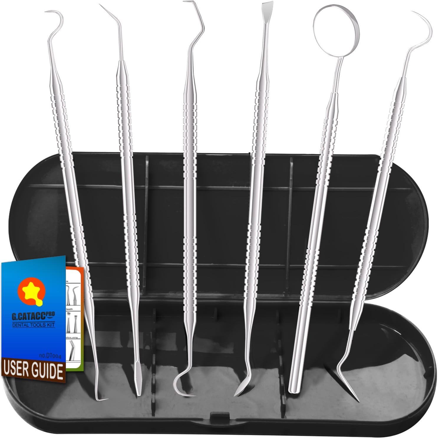 G.CATACC Dental Tools, Metal Dental Pick Teeth Cleaning Tools for Home Use, Stainless Steel Oral Care Hygiene Kit with Tooth Scraper Plaque Tartar Remover - with Case