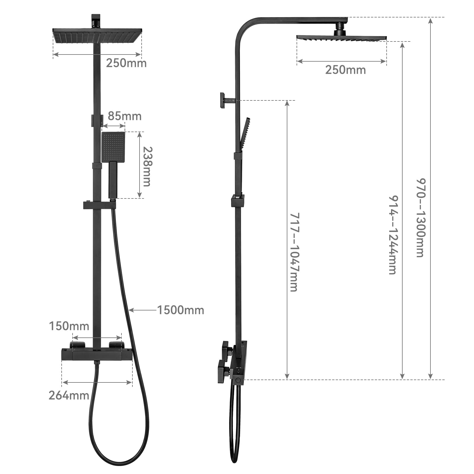 Auralum Colonna Doccia Nera con Miscelatore Termostatico, Miscelatore Doccia Esterno Ottone, Set Doccia Soffione Quadrato 25cmx25cm, Asta Saliscendi Doccia in Acciaio Inox Altezza Regolabile 97-130cm