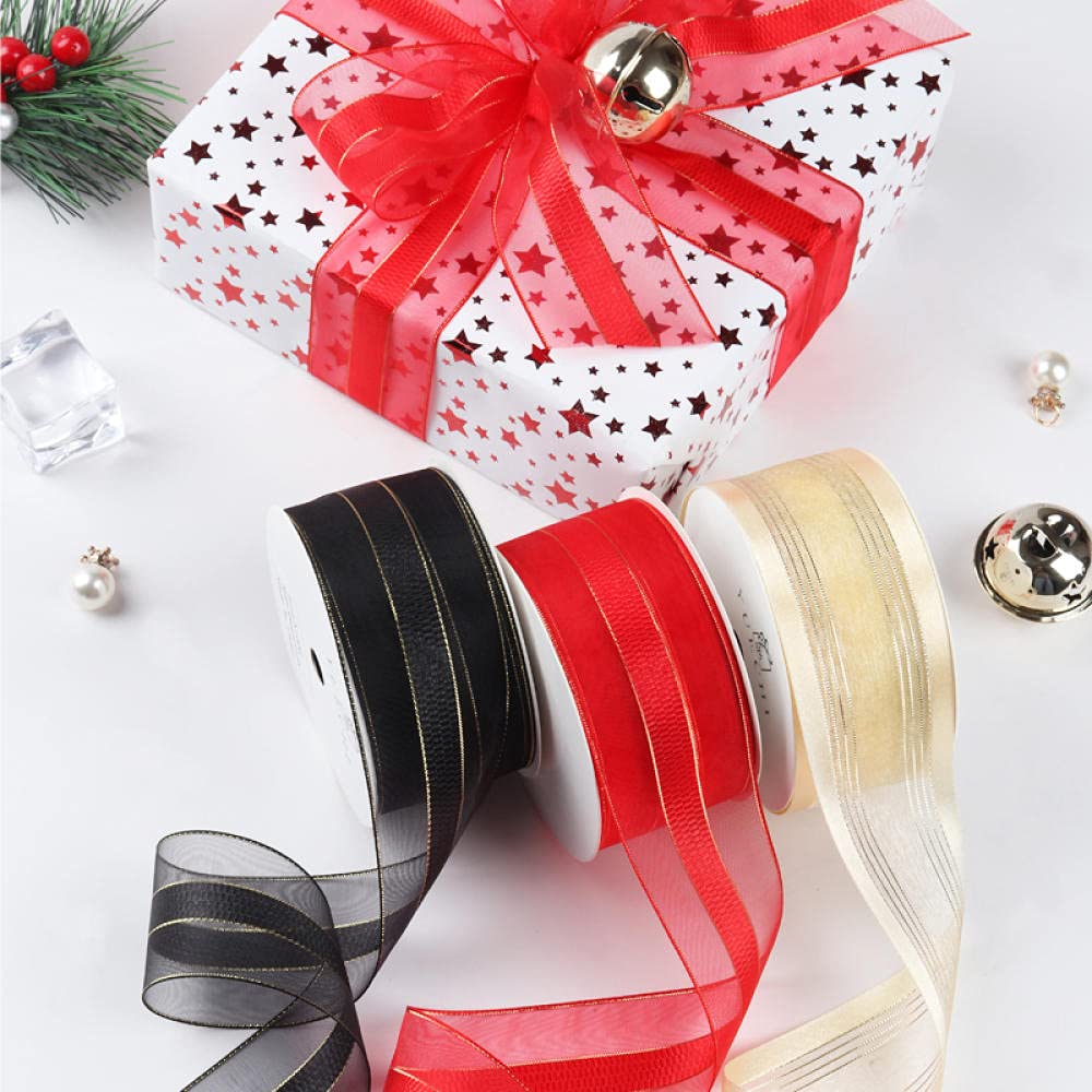 Ribbons For Gift Wrapping Ribbon For Fabric Satin Ribbons Wstążka Kwiaty Ślubne Dekoracyjne Wstążki Prezent Prezent Pakowanie Wstążki Gaza Ciasto Ogrodzenie Ze Złotą Wstążką-Queen Red (Szerokość 3,8 C