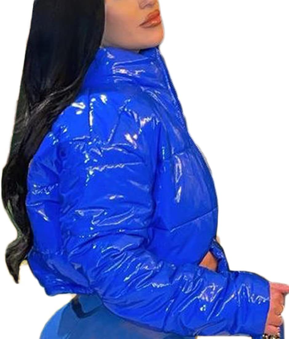 ONLYWOOD Womens Winter Metallic Crop Short Puffer Cotton-Padded Bubble Jackets