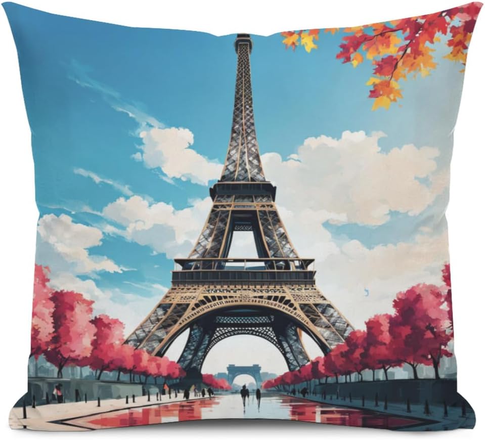 Art and Beyond Accent Pillowcase Beautiful Eiffel Tower Paris France Throw Pillowcover Parisian Travel Landmark Design Throw Pillow Case Cushion Cover for Bedroom Dorm Living Room Decor