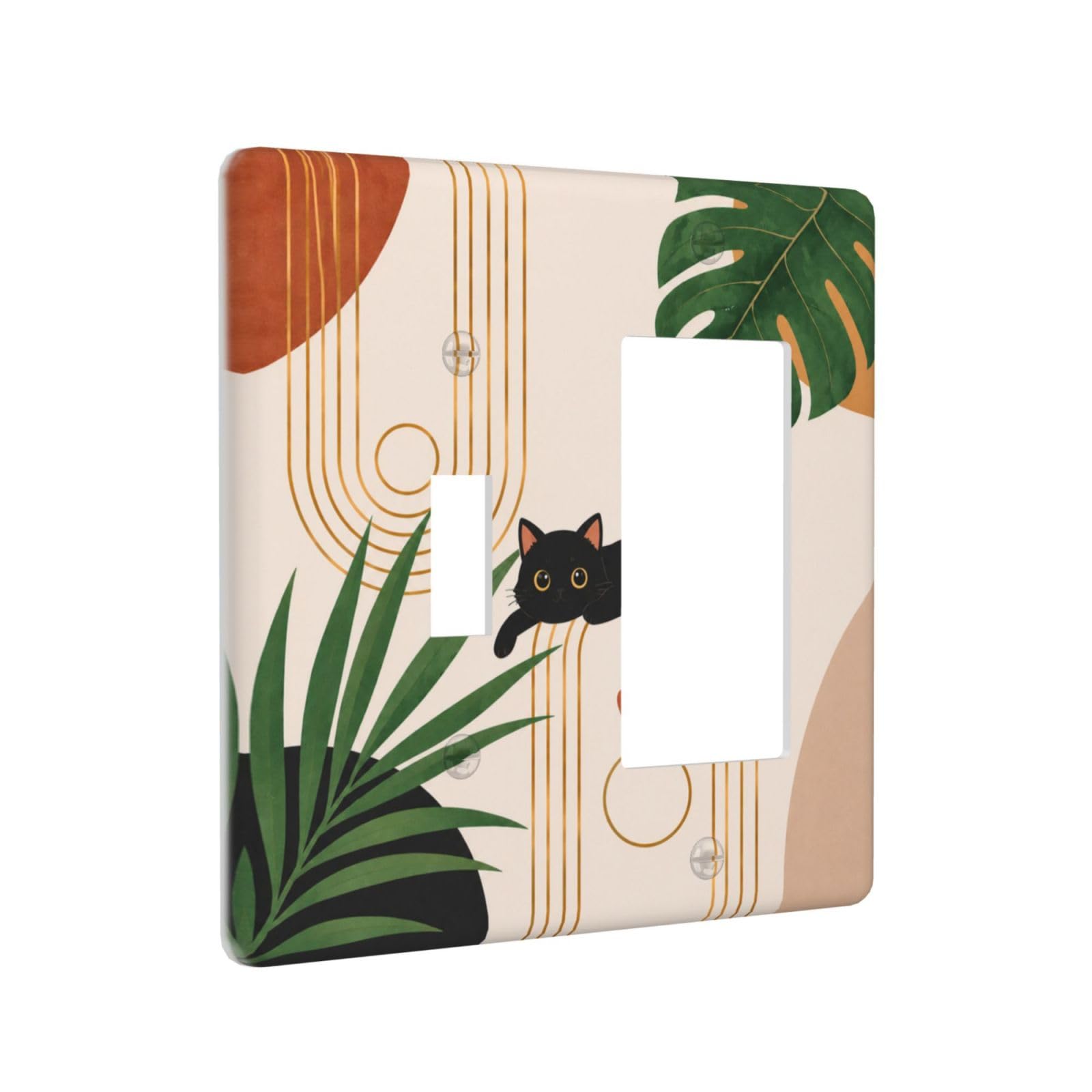 Thsanju Outlet Covers Boho Tropical Leaves Black Cat 2 Gang Combination Light Switch Covers Decorative Mid Century Modern Toggle Rocker Wall Plate Receptacle Switchplate Faceplate for Kitchen Decor