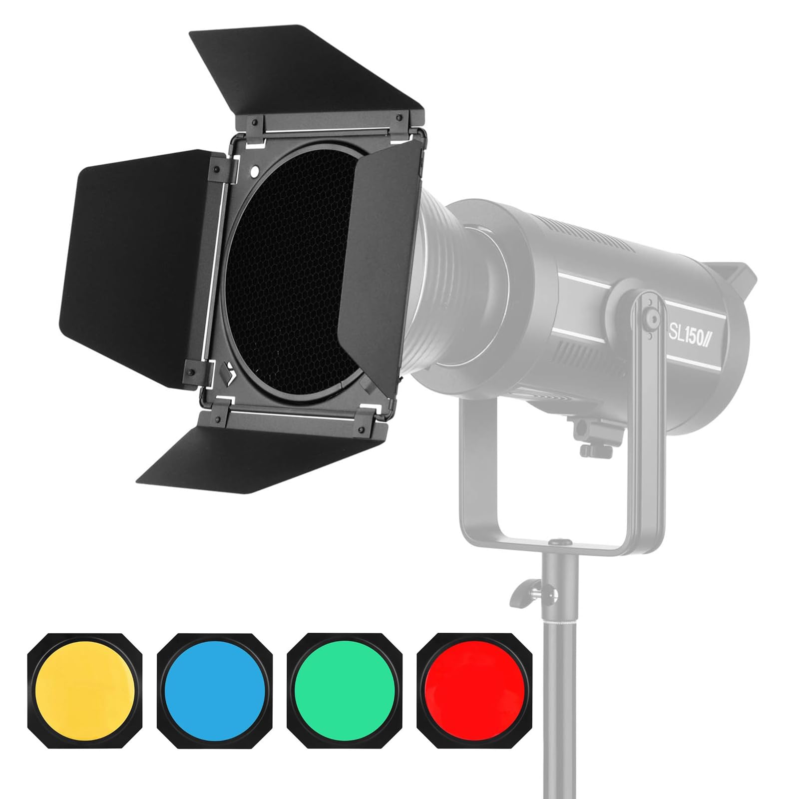 Kit de porte de grange solide pour réflecteur standard de 17,8 cm avec grille en nid d'abeille et 4 filtres de couleur