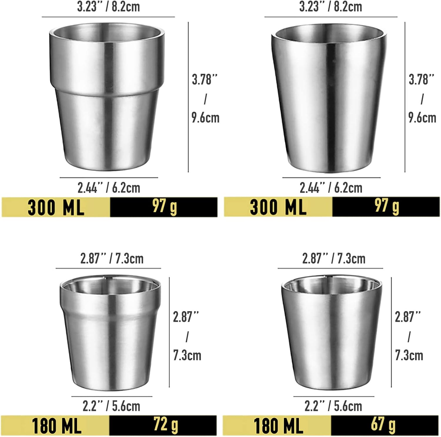 4 pcs Stainless Steel Cups (6 oz, Small Silver Type A), Unbreakable Camping Mugs (2.87'' x 2.87''), Small Espresso Cup, Double Walled Latte Mugs, Shot Cups, Tumbler, Thicken Coffee Cup