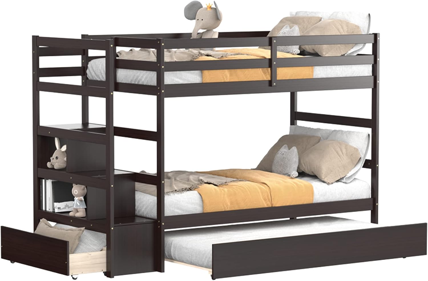 KOMFOTT Twin Over Twin Bunk Bed with Trundle & Storage Stairs, Wooden Bunk Bed Frame with Storage Shelves & Drawer, Trundle Bunk Bed Frame with Guardrails, No Spring Box Required (Espresso)