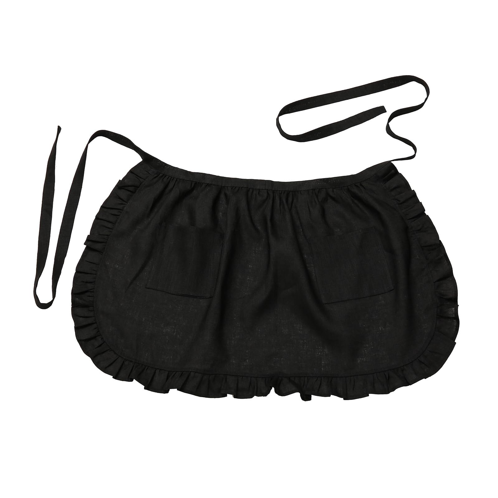 Grembiule in 100% puro lino con volant, per donne e uomini, con 2 tasche, per cameriere, cuochi, cucina, pulizia