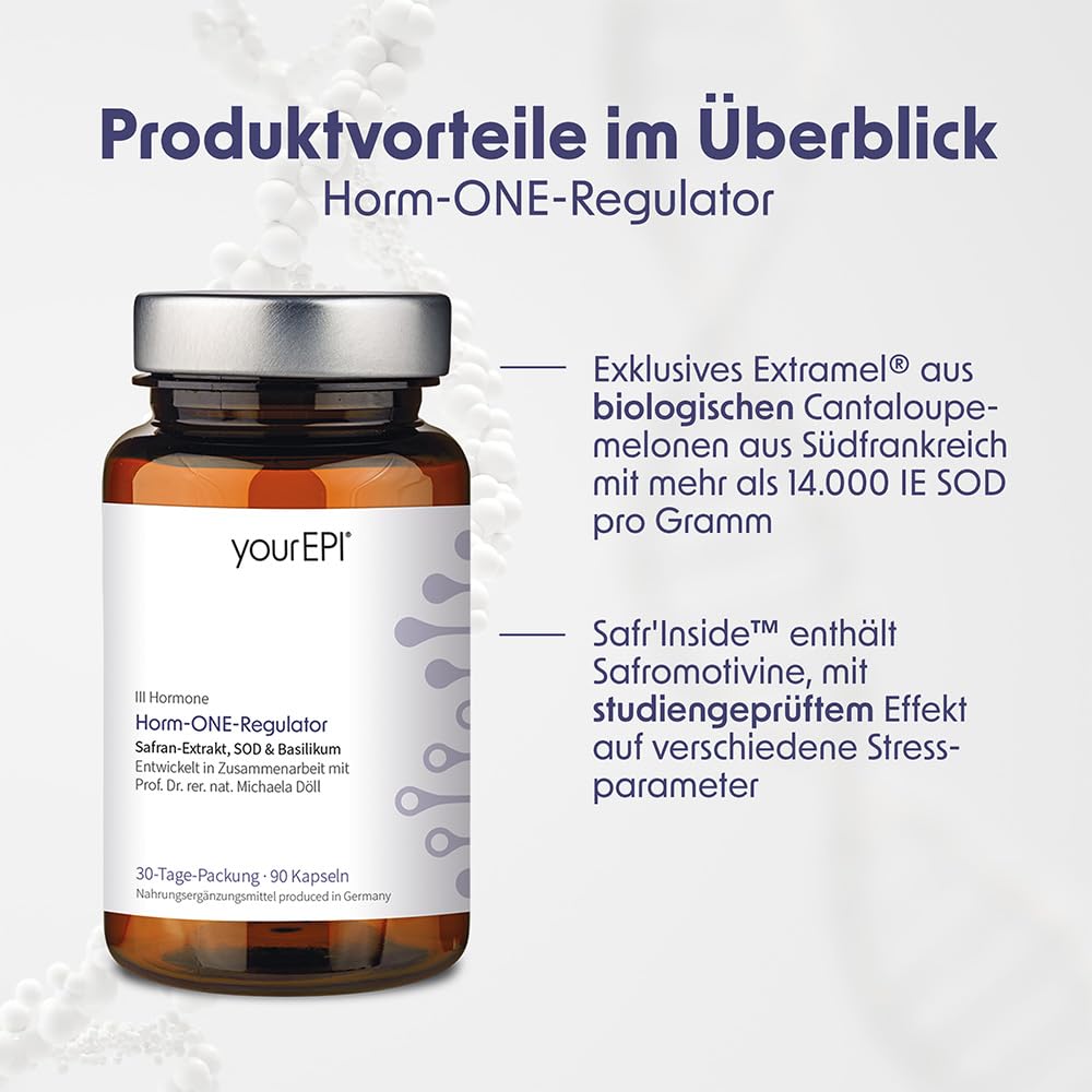 NatuGena Horm-ONE-Regulator, Safran-Extrakt, SOD & Basilikum, Jod, B-Vitamine (B2, B6, B7, B9, B12), Pflanzenextrakte, 90 Kapseln (30 Tage Packung)