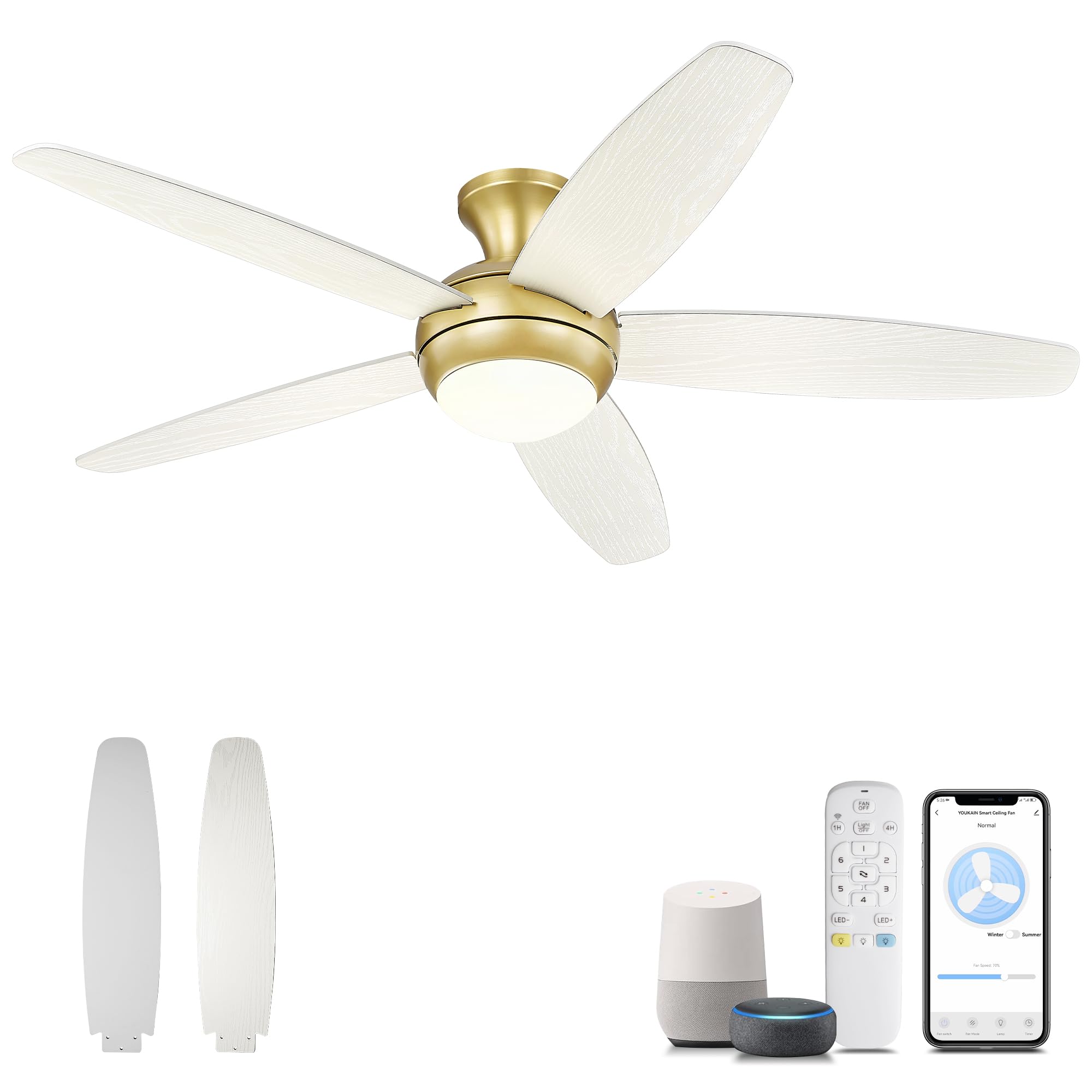 YOUKAIN 52'' Low Profile Ceiling Fan With Light, Gold Flush Mount Ceiling Fan, 6 Speeds DC Reversible Motor, Outdoor Indoor Modern Smart Ceiling Fans Work With WIFI Alexa App, 52-YJ236-GD