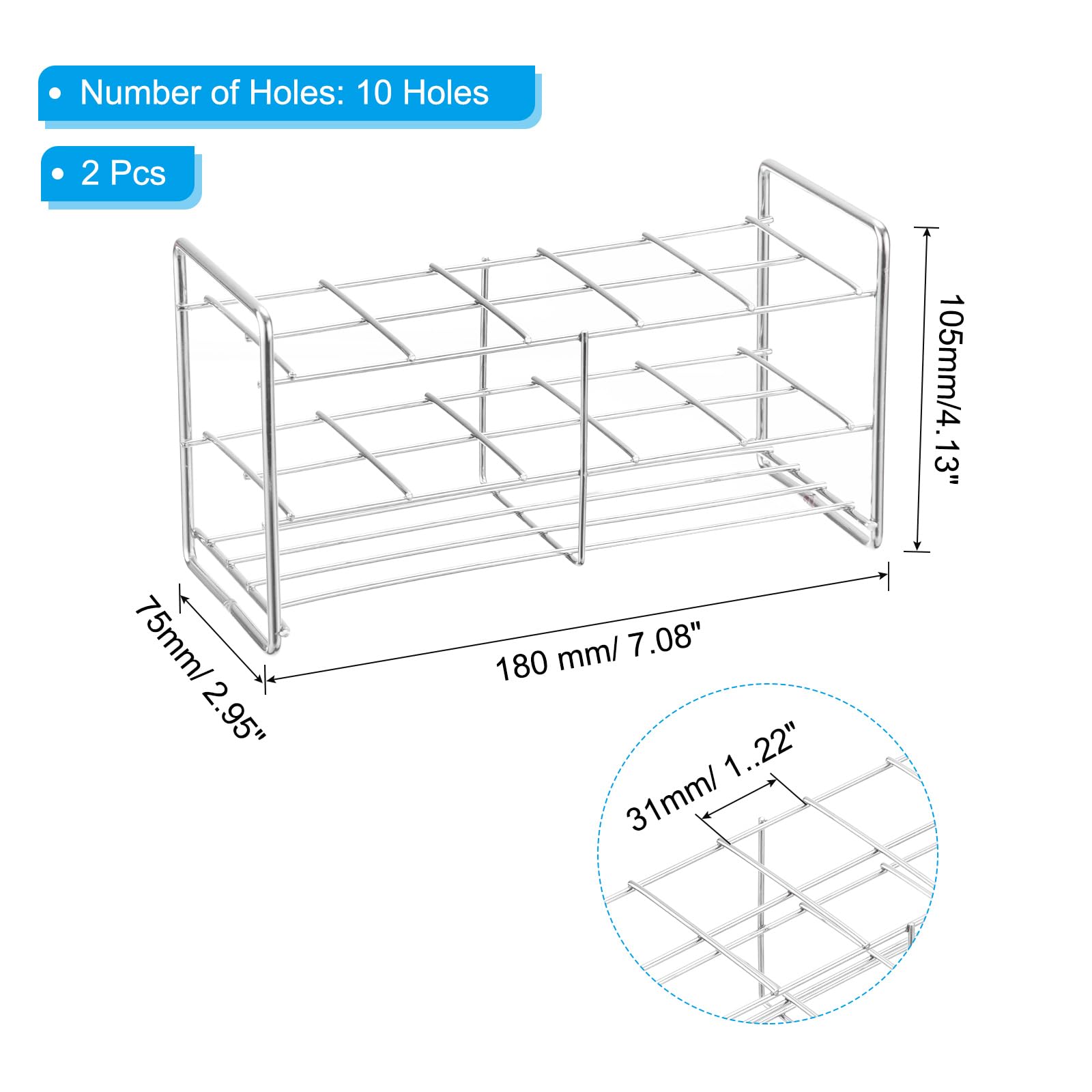 PATIKIL Porta Provette A 10 Fori 2Pezzi Foro Quadrato 31mm Acciaio Inossidabile 304 Supporto A 3 Strati Con Maniglia Adatto Per Provette Da 31mm Diametro Per Esperimenti Scientifici