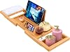 ADOV Bath Tray, Extendable Luxury Home Spa Natural Bamboo Wood Bathtub Shelf Board with Built-in Holder for Book iPad Tablet Phone Glass Candle, Adjustable Bath Caddy Bridge Fits Most Bathtub Sizes