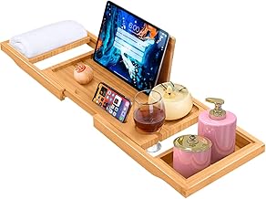 ADOV Mensola per Vasca da Bagno, Premium 75 cm - 109 cm Bathtub Caddy con bicchiere, Libri, Tablet, iPad e Porta Telefono, Antiscivolo Naturale Vassoio Bambù Perfetto per Maggior Parte Vasca Bagno