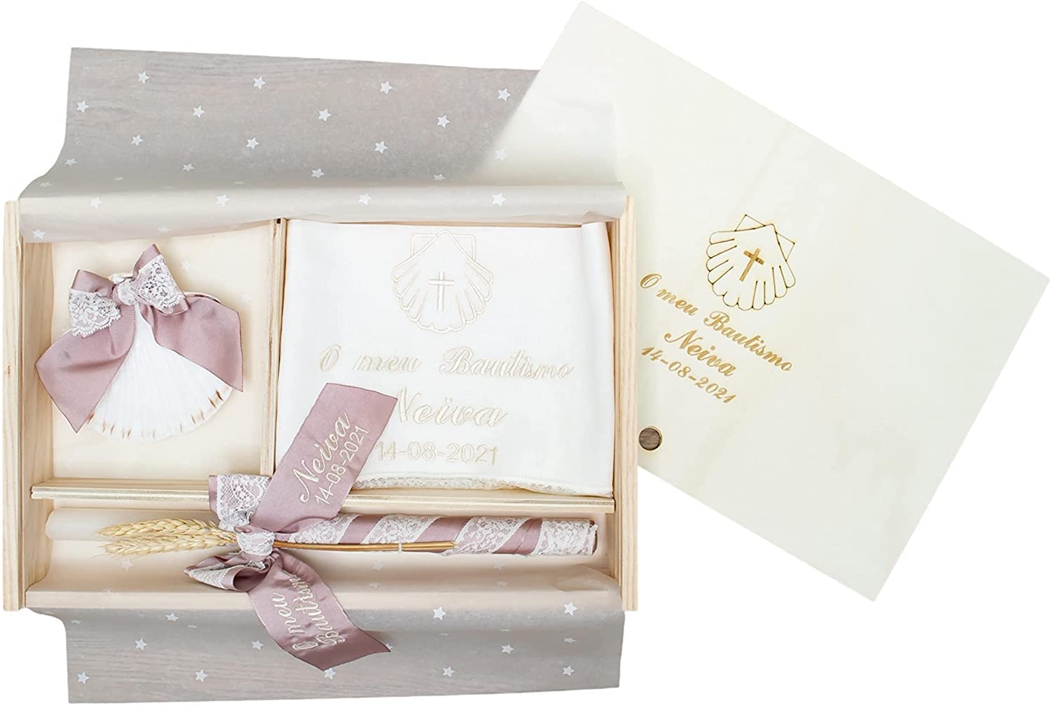 Kit di lusso personalizzato per battesimo - Set de candela, panno e conchiglia ricamati - Scatola di legno lavorata con il nome e la data di battesimo - Modello Paris (Rosa Cipria)