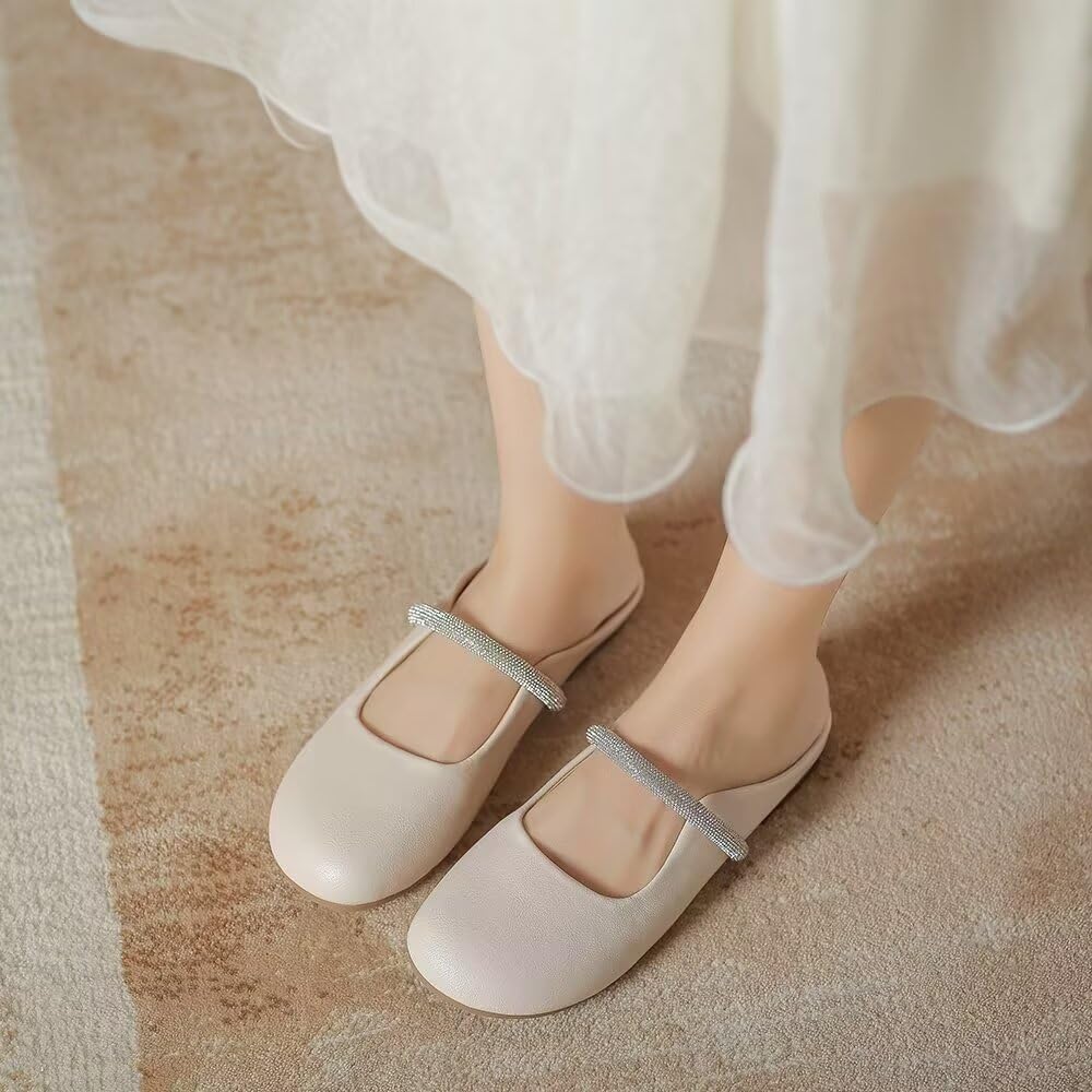VFDB Women Mules Elegant Dressy Flats Closed Toe Microfiber Leather Shoes Adjustable Buckle Strap Mary Jane Casual Office Shoes