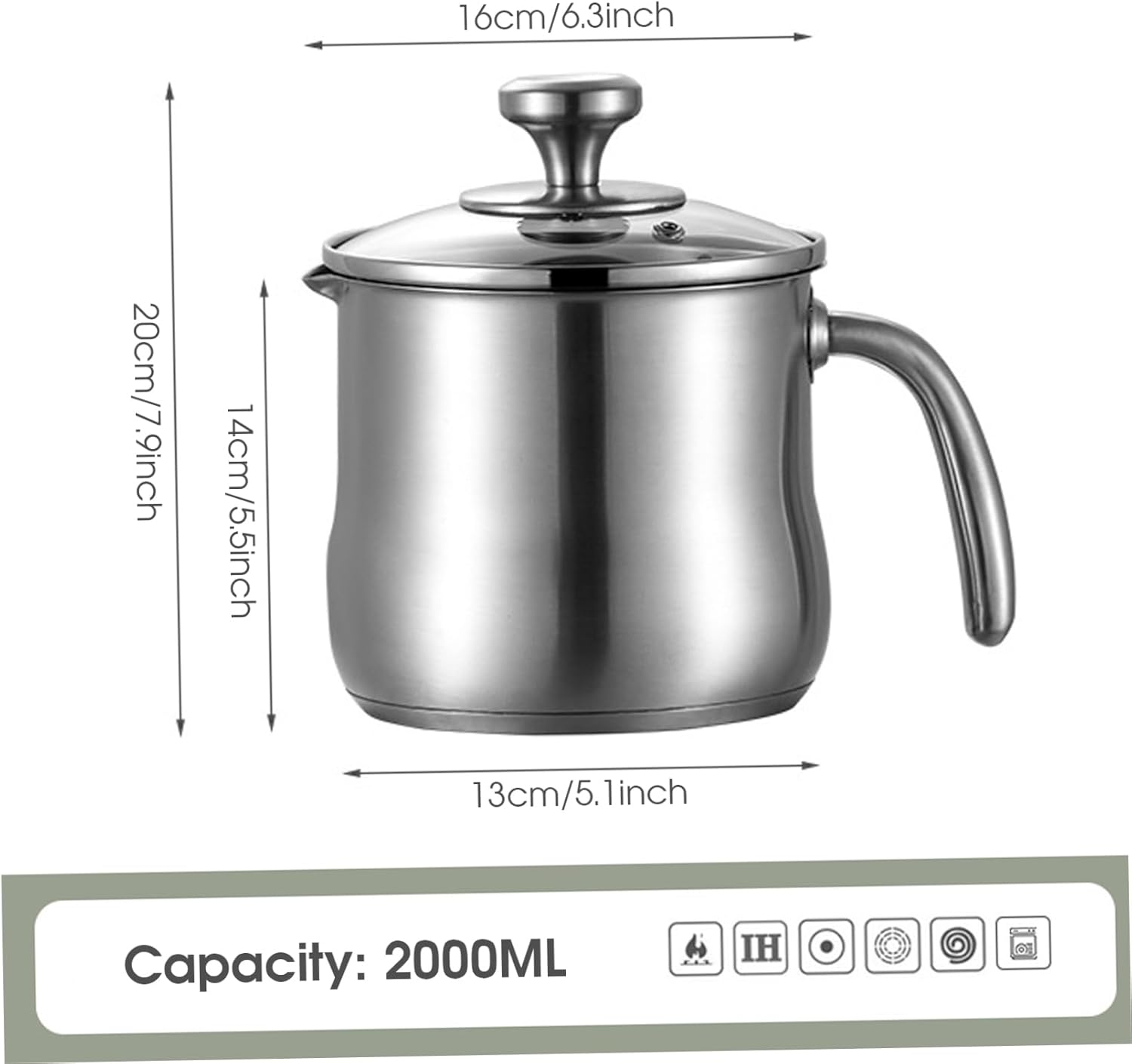 Stainless Steel Saucepan, 2L Milk Pot with Spout - Glass Lid for Boiling Milk, Sauce, Pasta, Noodles