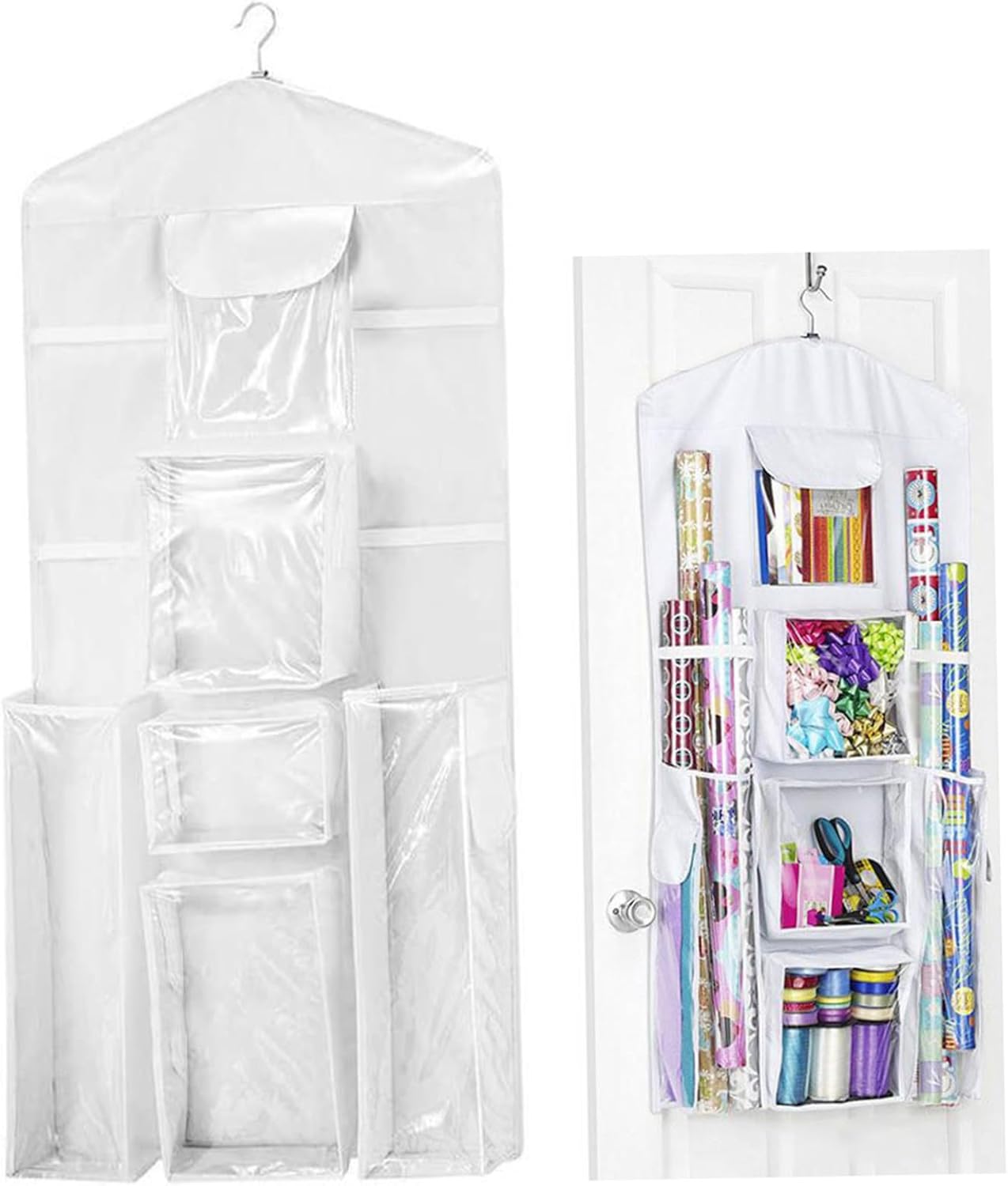 Christmas Wrapping Paper Organizer Large Capacity Wall Hanging Double-Sided Transparent with 10 Pockets Space-Saving Rear Door Gift Storage Bag with Zipper Home Decor 37.40x5.51 Inch.