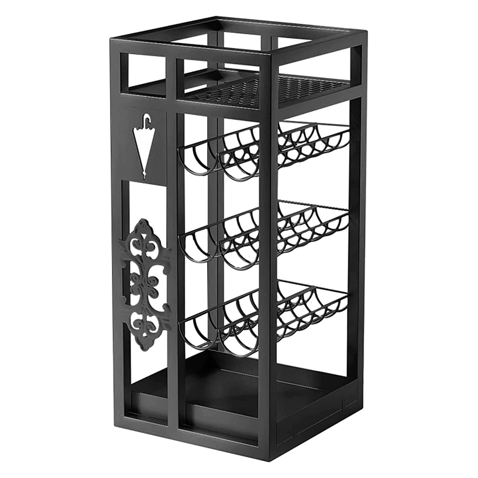 Support de rangement pour parapluie en métal noir LUNEZY avec bac d'égouttement amovible
