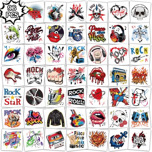 Qpout 96 PièCes De Tatouages Temporaires Rock And Roll, Autocollants De Tatouages Factices De Guitare Et De Groupe De Rock PréDéCoupéS Pour DéCorations De...
