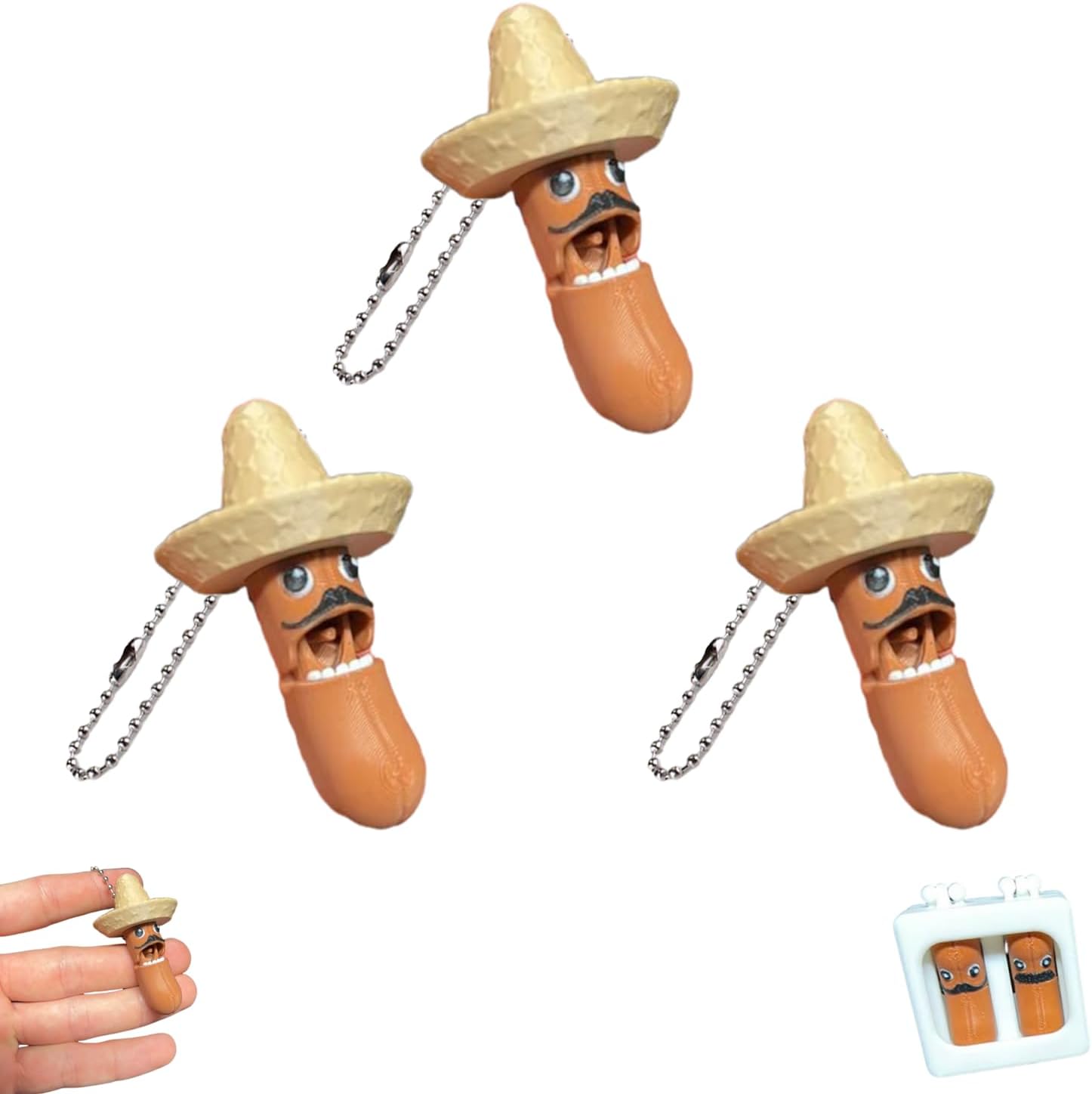 Mexican Jumping Bean Inspired Keychains, 3D Printed with Jumping Beans with Sombrero, 3D Printed Fidget Keychain, Interactive Finger Tease Box Makes Beans Jump (3 PC NO Box)