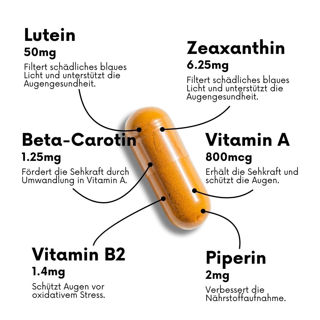 Lutein 50mg mit Zeaxanthin, Beta Carotin, Vitamin A & B2, Piperin | 365 Kapseln | Augengesundheit & Blaulicht-Schutz | Gentechnik- & glutenfrei | von nutrive pharma