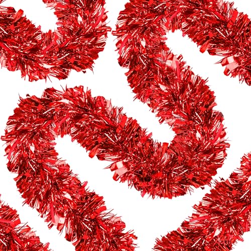 Image of 70 Ft Christmas Tinsel Garland Metallic Tinsel Twist Garland Glitter Christmas Tree Hanging Decorations for New Year Party Birthday Holiday Indoor Outdoor Supplies (Red)
