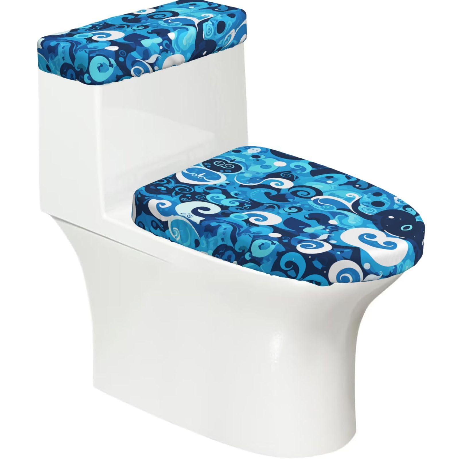 Mrowyc Black Blue Waves Printed Toilet Seat Set - Set Of 2 - Universal Toilet Seat Cover - Housewarming Birthday Christmas Gift