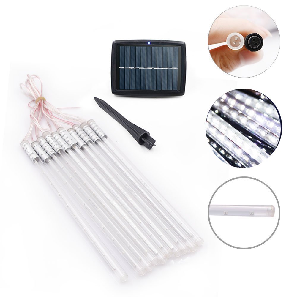 KINGCOO LED Météore Douche Solaire Lumineux Jardin, Etanche Goutte D'eau Chute Cascading 30cm 10 Tubes 360LEDs Décoratif Guirlandes Lumières pour Fête Vacances Noël Décorat (Blanc)