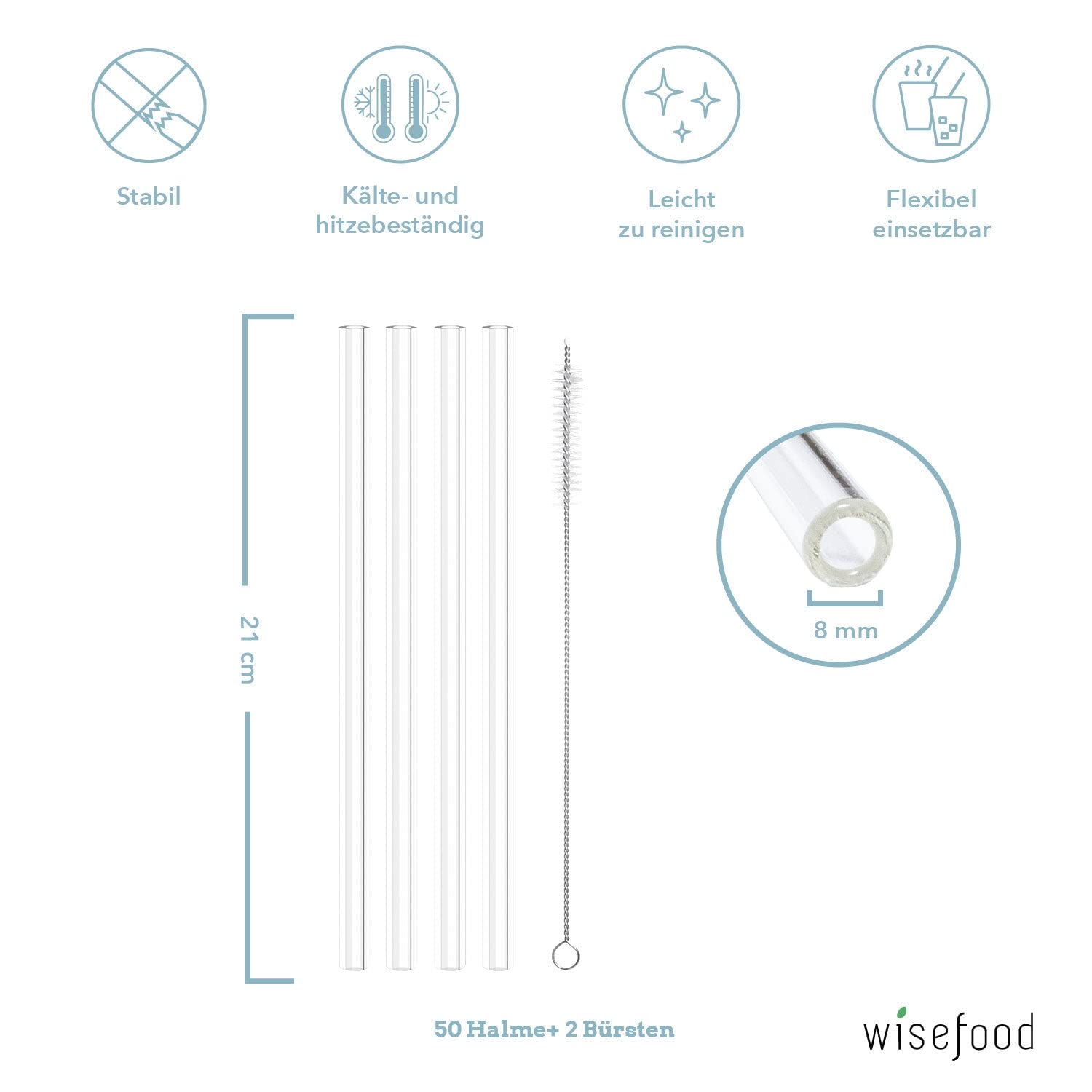 Wisefood Lot de 500 pailles en verre 21 cm – Pailles en verre réutilisables – 20 brosses de nettoyage – Pailles réutilisables durables et sans plastique avec sac de rangement