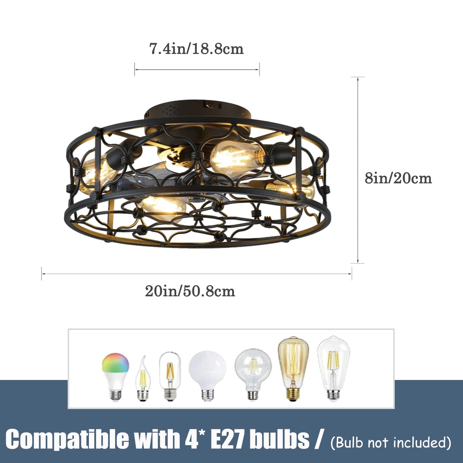 Deckenventilator Mit Beleuchtung, 50cm Retro Industrial Stil Deckenventilatoren mit Lichtern, E27 mit Fernbedienung, 6 Geschwindigkeiten Ventilator Deckenleuchte, Für Wohnzimmer Schlafzimmer