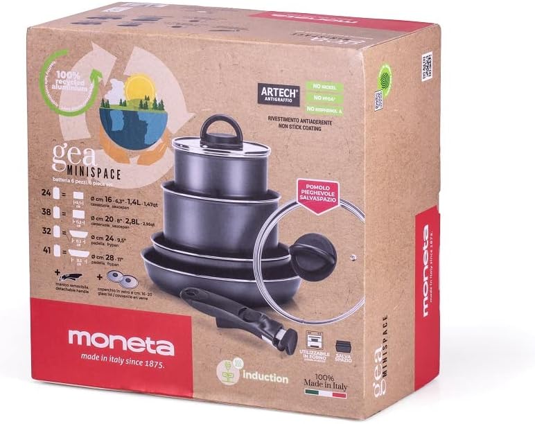 Moneta GEA Minispace Battery 6 Pieces with Removable Handle, 100% Recycled Aluminium, Also for Induction. Made in Italy
