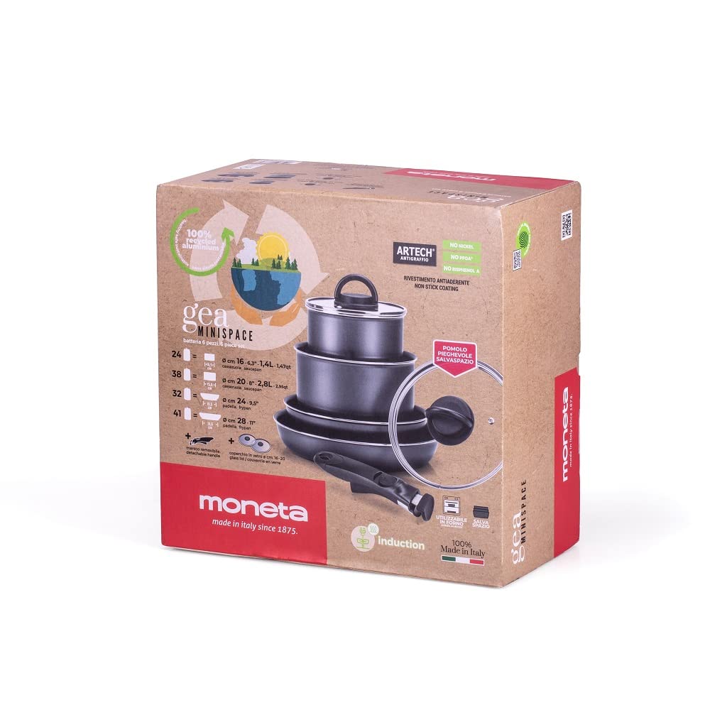 Batteria Di Pentole Gea Minispace 6 Pezzi In Alluminio Riciclato - Per Induzione, Manico Removibile, Made In Italy