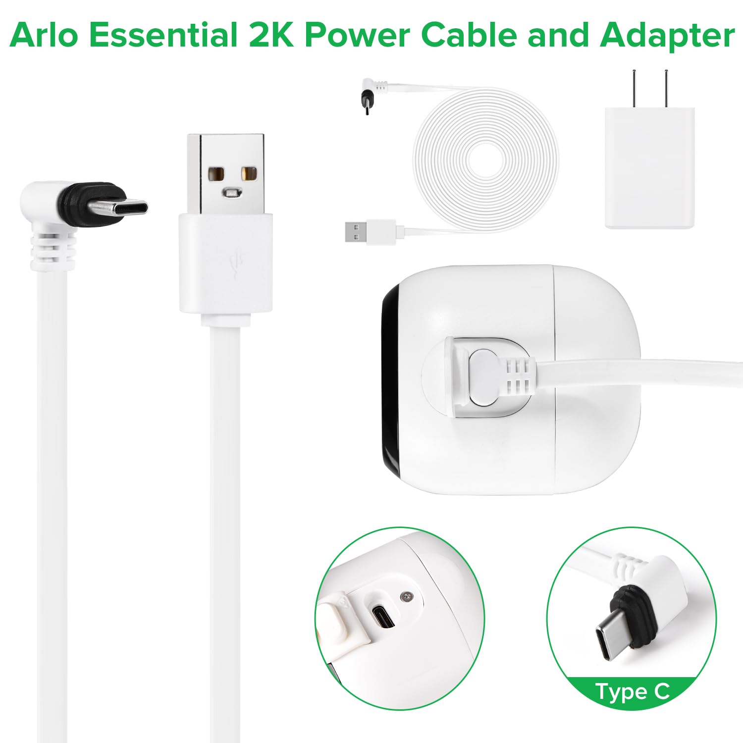 Câble d'alimentation 25 pieds compatible avec caméra de sécurité extérieure Arlo Essential 2K (2ème génération), câble de charge plat, câble d'alimentation extérieur