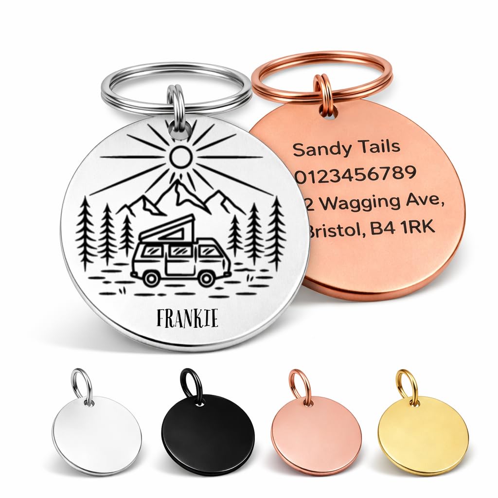Personalised Adventure Dog Tag – Custom Engraved Pet ID Tag for Dogs & Cats – Stainless Steel Name Tag – Camping & Mountain Designs (Small: 25mm)