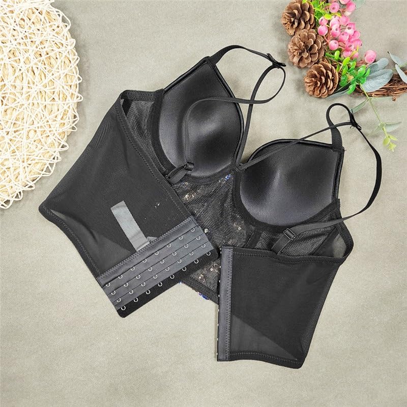 Reggiseno sexy da donna con cuciture in acciaio con ricamo in pizzo e paillettes top sottile per le donne, D, 5C