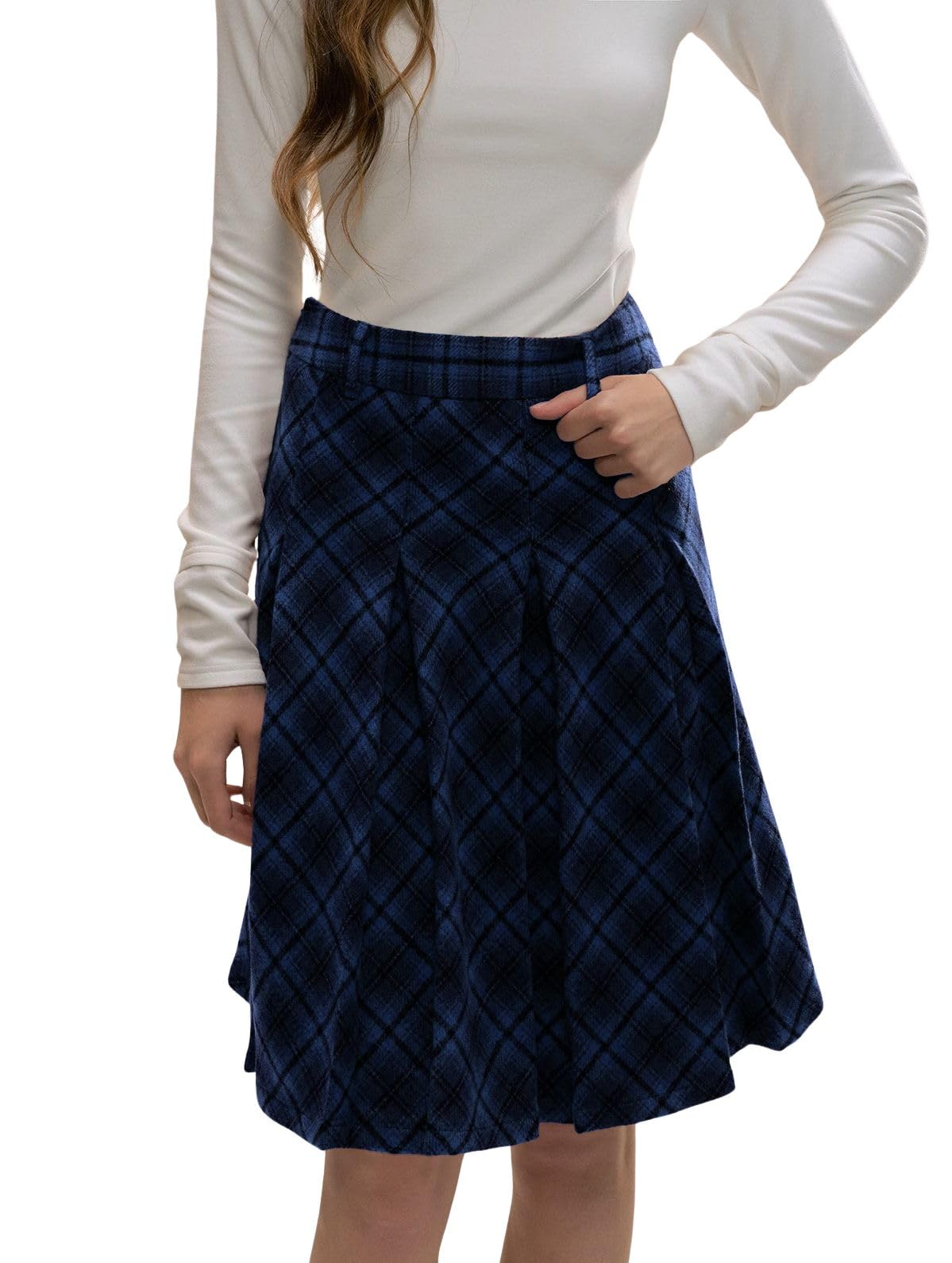 chouyatou Womens Fall Winter Preppy Argyle Plaid A Line Wool Skirts Pleated High Waisted Midi Skirts